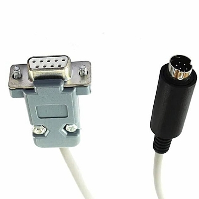 Close-up of RS‑232 9‑pin to 8‑pin mini‑DIN connector for Delta DVP