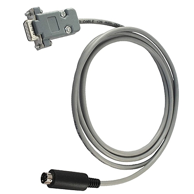 Close-up of RS‑232 9‑pin to 8‑pin mini‑DIN connector for Delta DVP