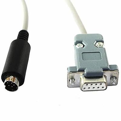 Close-up of RS‑232 9‑pin to 8‑pin mini‑DIN connector for Delta DVP